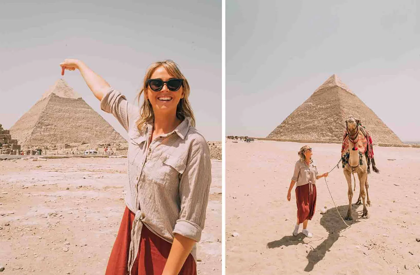 In front of the Giza pyramids with camels