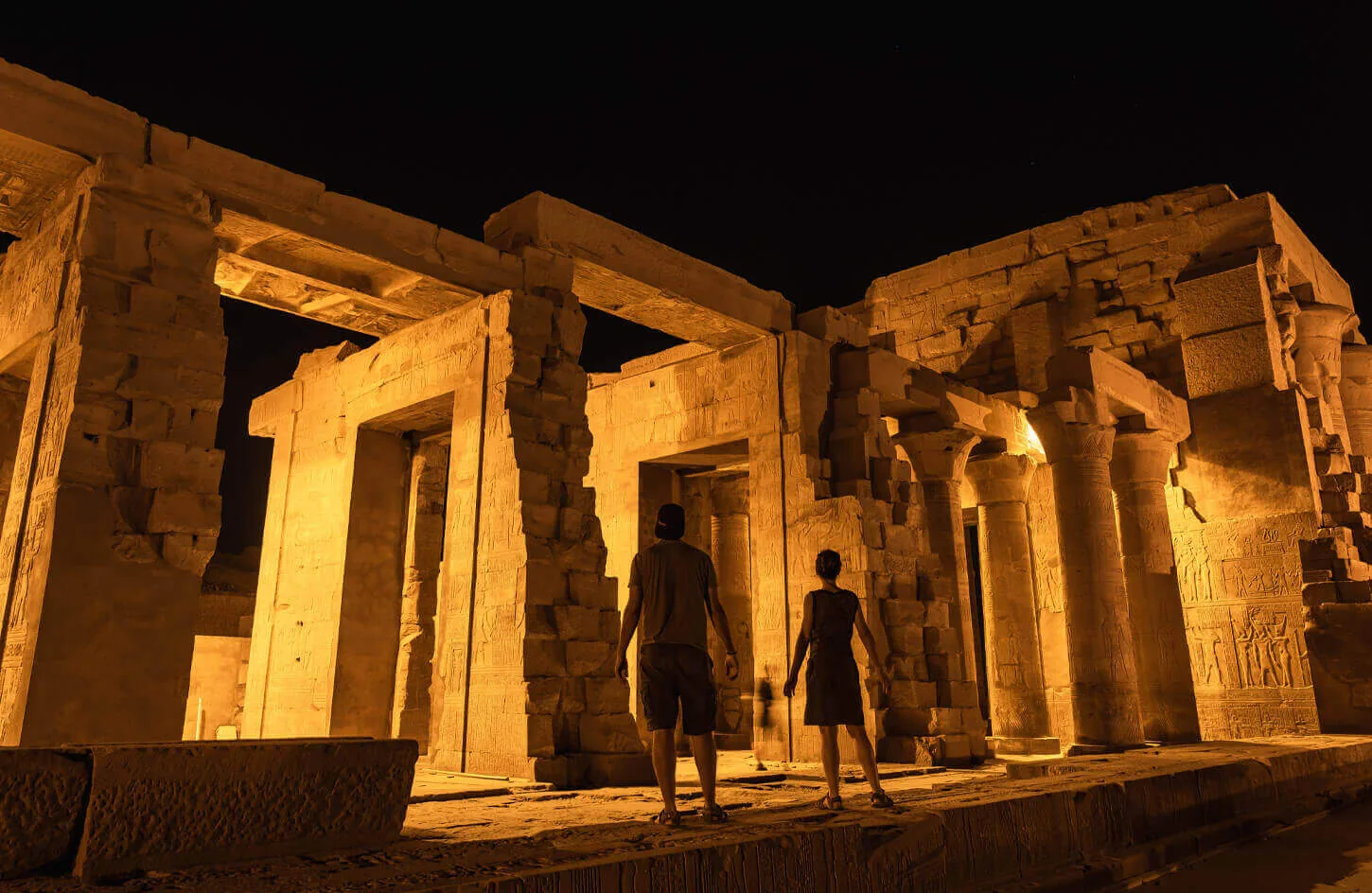 From inside the Kom Ombo temple at night