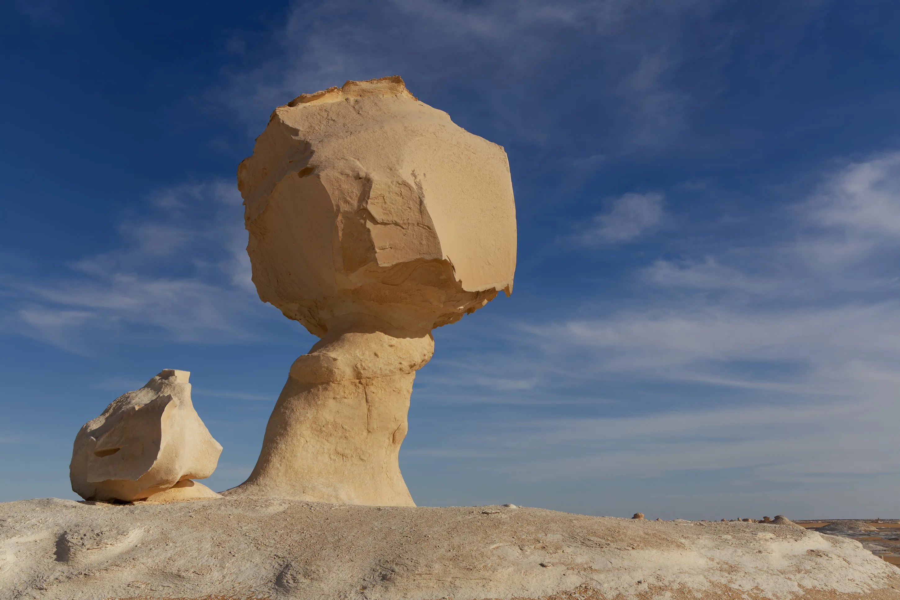 Mushroom-shaped chalk rock formation in Egypt's White Desert